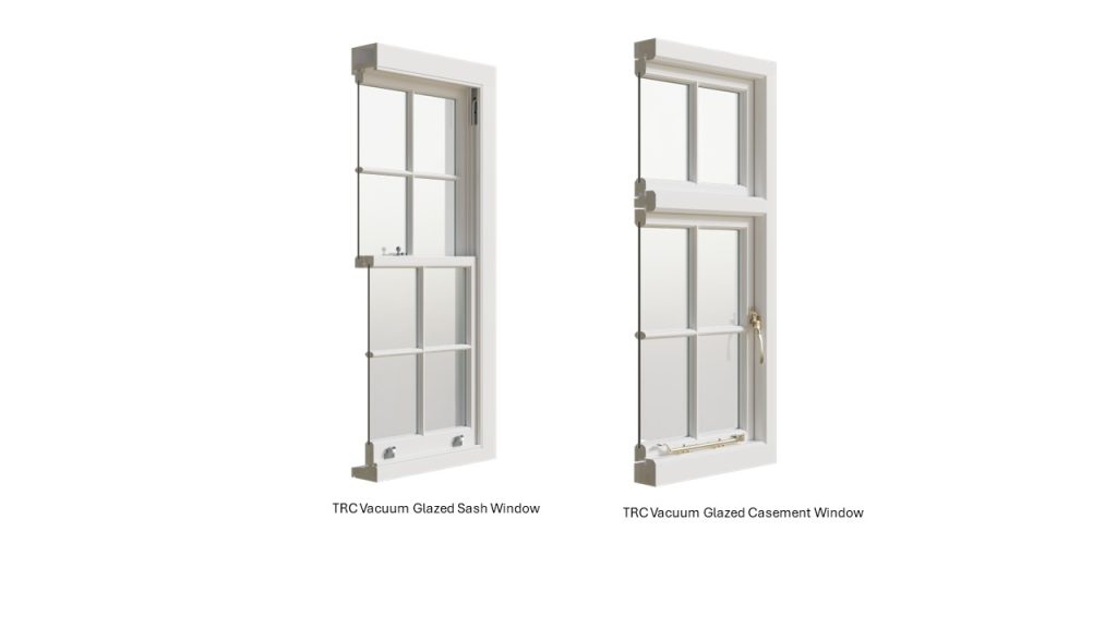 Two different styles of windows are displayed: a sash window on the left and a casement window on the right. Both are framed in white with multiple glass panes.
