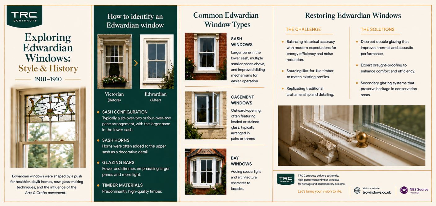 infographic showing the evolution of Edwardian Windows, showing the style and history of Edwardian windows