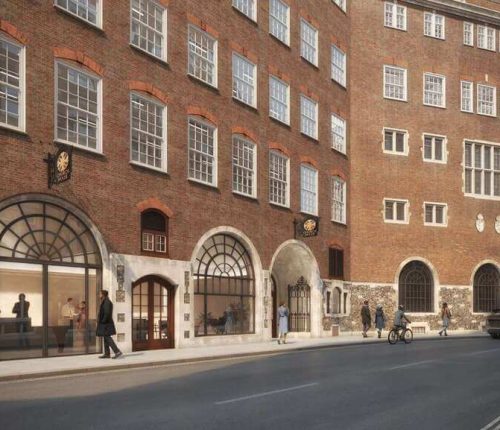 Architectural rendering of the red brick Church House facade facing a street, showing ground-floor arches with modern glass windows and a pedestrian entrance.
