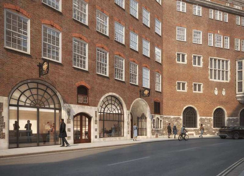 Architectural rendering of the red brick Church House facade facing a street, showing ground-floor arches with modern glass windows and a pedestrian entrance.