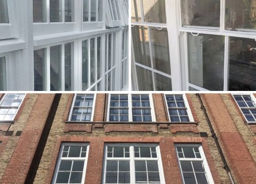 A split-image showing two different building facades at Copenhagen primary school; the top half displays a close view of white window frames, while the bottom half features a red brick facade with darker windows.