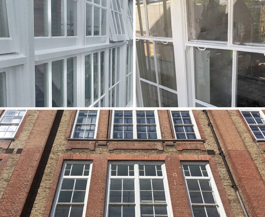A split-image showing two different building facades at Copenhagen primary school; the top half displays a close view of white window frames, while the bottom half features a red brick facade with darker windows.