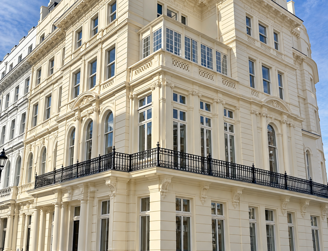 Low-angle view of a Grand Georgian or Victorian corner building with off-white stucco facade, featuring ornamental black iron railings along a second-floor balcony and ground-level fence against a clear blue sky.