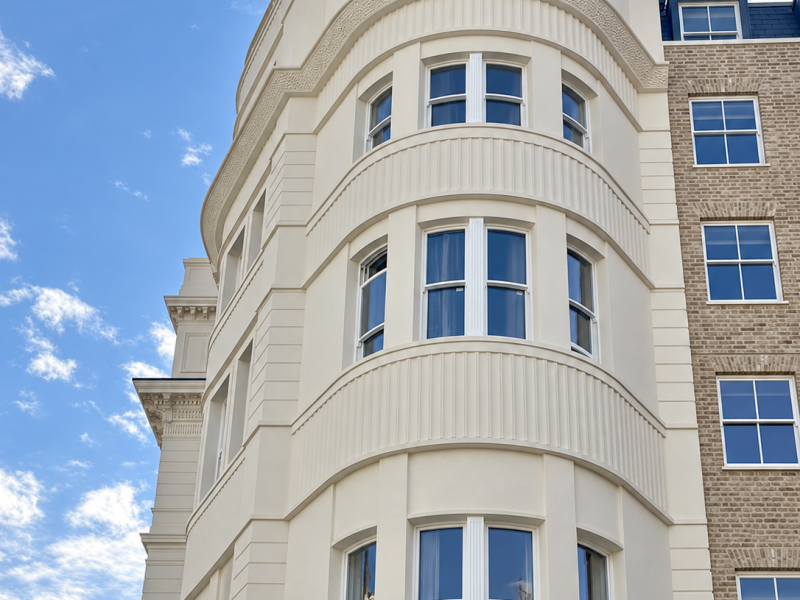 Low-angle exterior shot looking up at a curved bay window section of a newly restored off-white building facade, featuring multi-pane sash windows and classic architectural moulding against a blue sky.