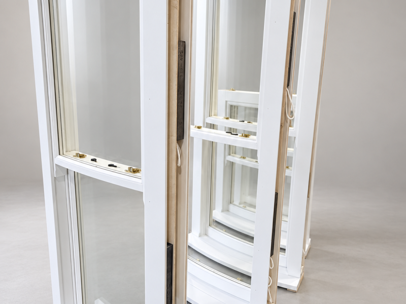 Profile view of four white timber sash windows arranged in a row against a plain studio background, detailing the wooden side profiles, brass sash locks, and internal counterweight systems.